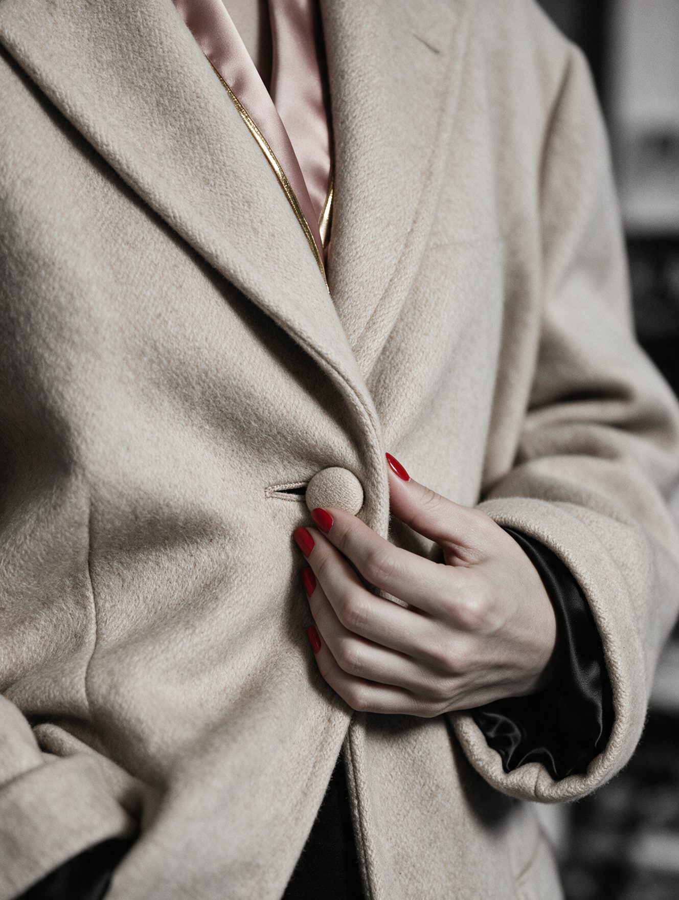 Stimmungsbild: Hand mit rotem Nagellack knöpft einen beigen Wollblazer